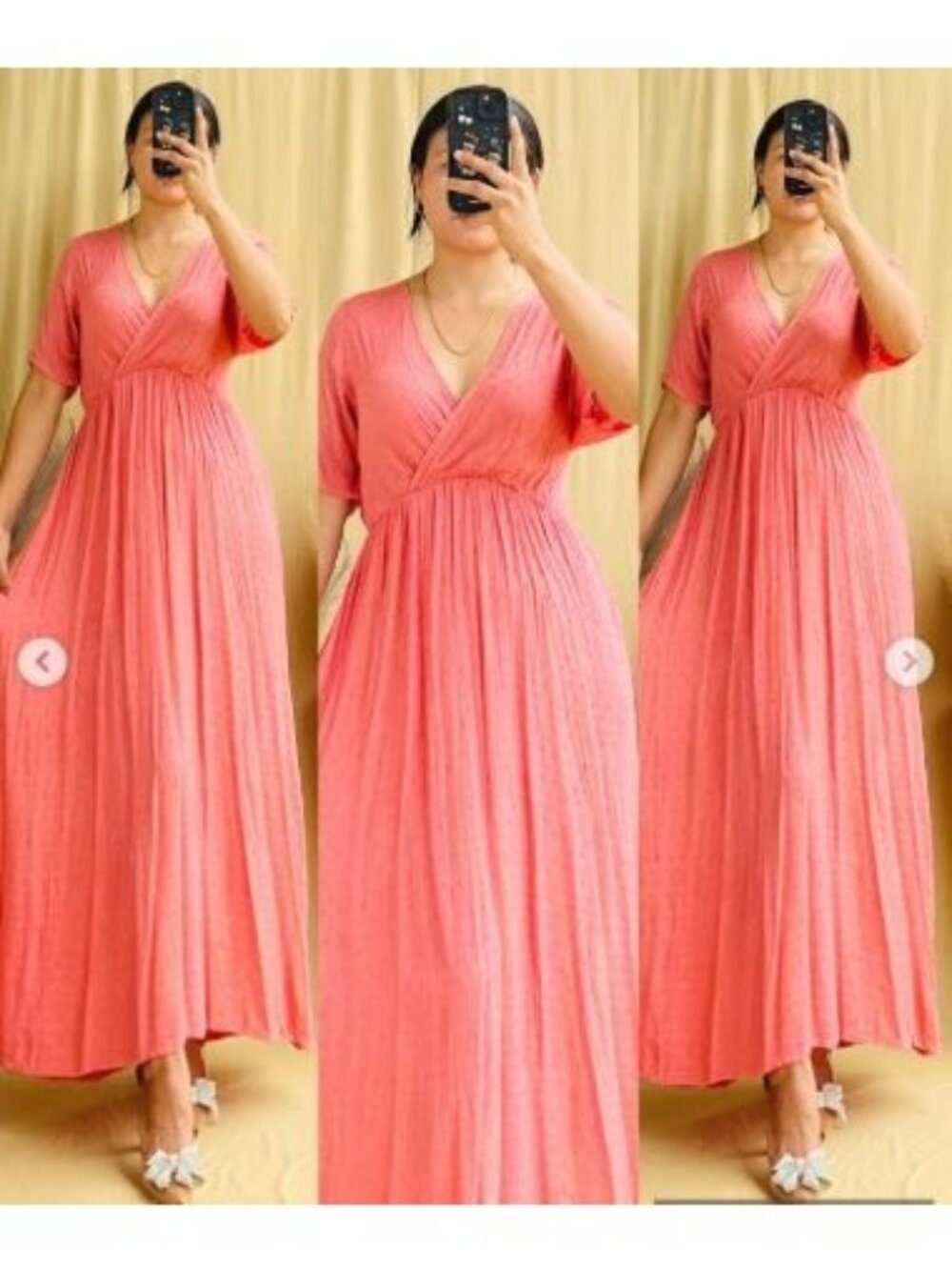 H&M Dress Size 8 Pink Striped Coral Maxi Smocked Waist Cap Sleeves V Neck
